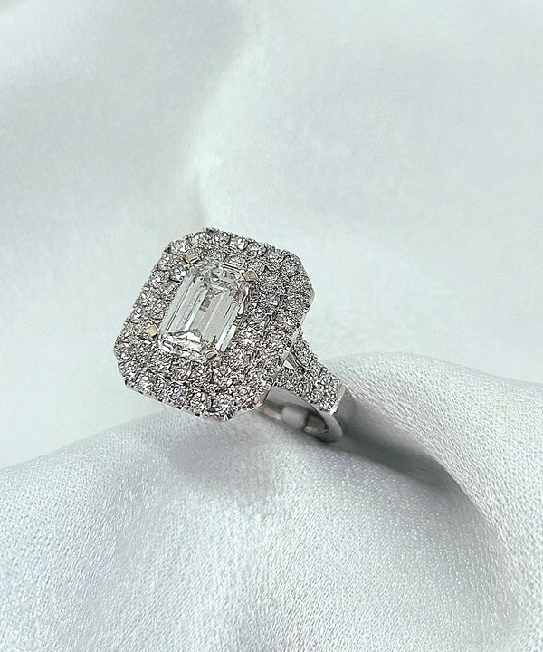 18kt. White Gold 3 Halo Natural and Emerald Cut Lab Grown Diamond Ring