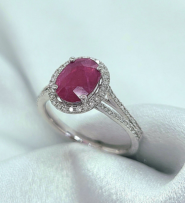 14kt. White Gold Ruby and Diamond Halo Ring