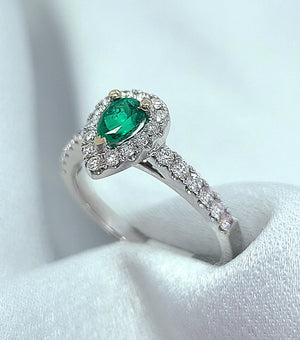 18kt White Gold Diamond and Pear Shape Emerald Engagement Ring