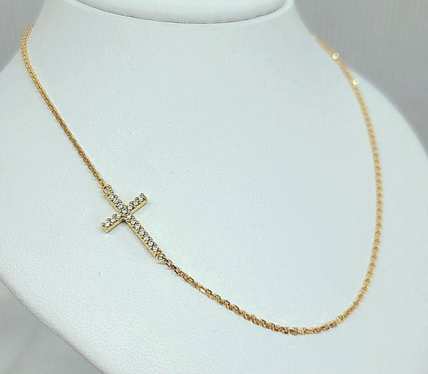 18kt. Yellow Gold Cubic Zirconia Double Sided Sideways Cross Necklace