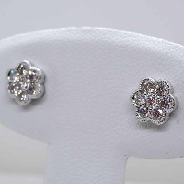 18kt. White Gold Diamond Flower Milgrain Stud Earrings