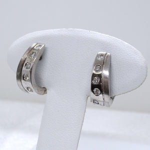 14kt. White Gold Satin and Polished Diamond Huggie Hoop Earrings