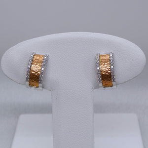 18kt. White and Rose Gold Hammer Cut Diamond Hinged Hoop Earrings