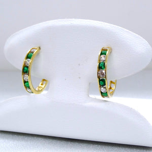 10kt. Yellow Gold Cubic Zirconia and Synthetic Emerald Small Hinged Hoop Earrings