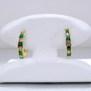 10kt. Yellow Gold Cubic Zirconia and Synthetic Emerald Hinged Hoop Earrings