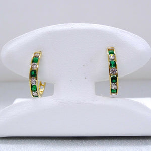 10kt. Yellow Gold Cubic Zirconia and Synthetic Emerald Small Hinged Hoop Earrings