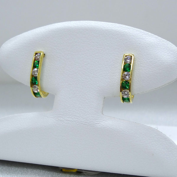10kt. Yellow Gold Cubic Zirconia and Synthetic Emerald French Clip Huggie Earrings