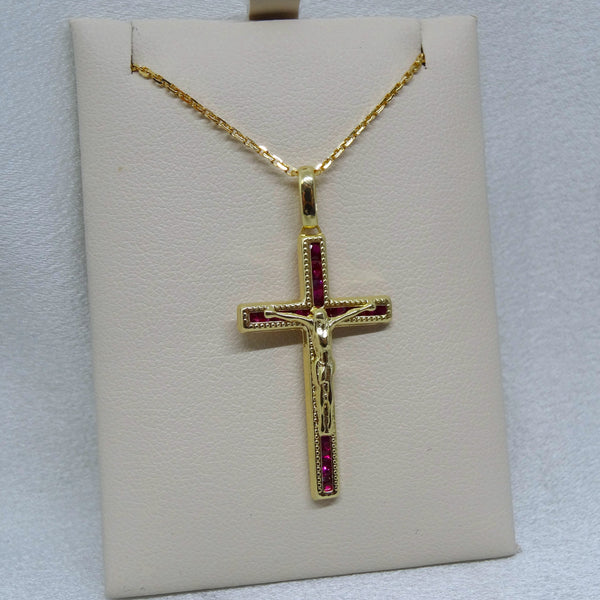 10kt. Yellow Gold Synthetic Ruby Crucifix Pendant
