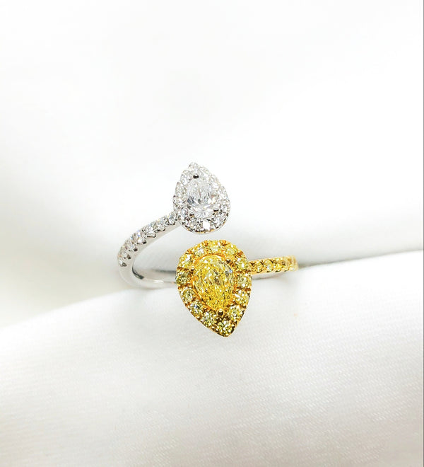18kt two tone, white and yellow diamond pear shape ring
