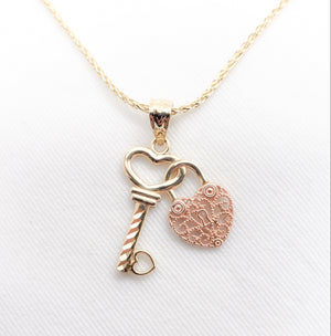 14kt. Two Tone Rose/Yellow Gold Heart Lock Key Charm