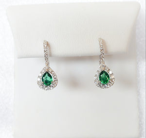 18kt. Diamond/Emerald Halo Pear Shaped Leverback Earrings