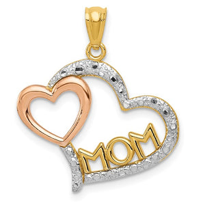 14kt Two-tone Diamond-cut MOM in Heart with Heart Pendant
