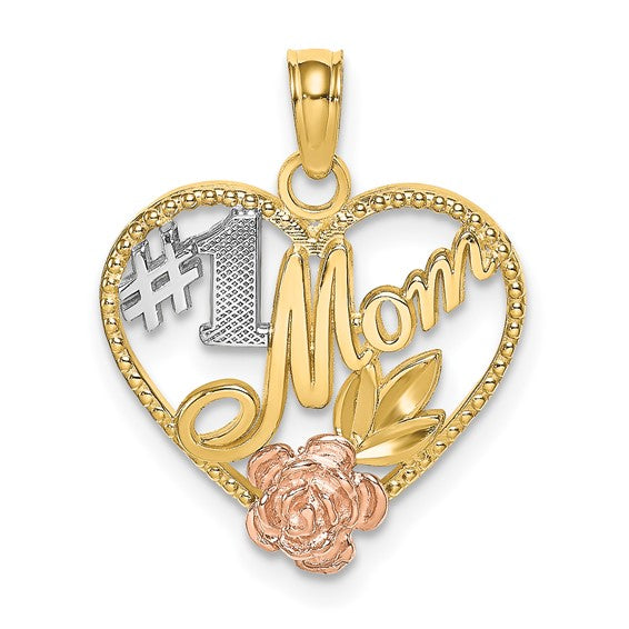 14kt Two-tone Textured #1 Mom Heart Charm