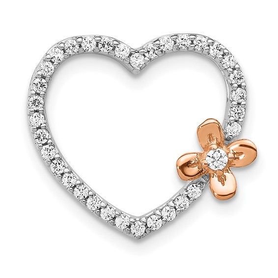 14kt White Gold with Rose Gold Flower Diamond Heart Pendant
