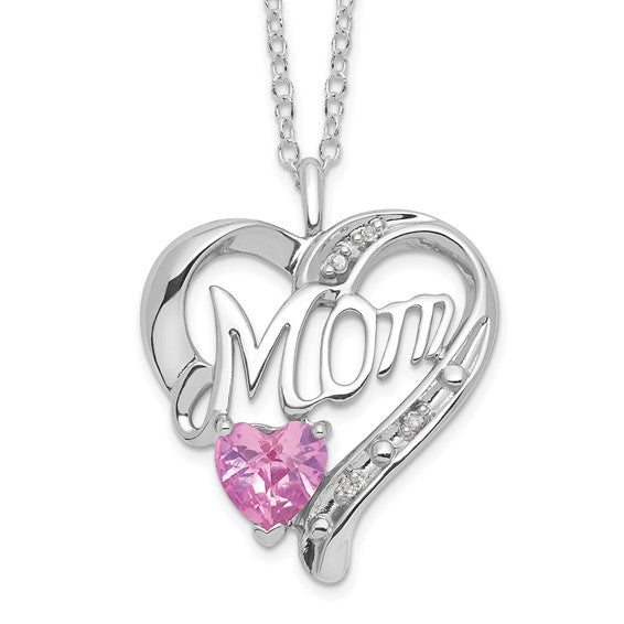 Sterling Silver Created Pink Sapphire and Diamond MOM Heart Necklace