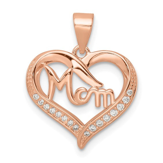 Sterling Silver Rose Tone Cubic Zirconia Mom in Heart Pendant