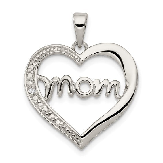 Sterling Silver MOM Cubic Zirconia Heart Pendant