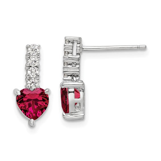 Sterling Silver & Created Ruby Heart Post Dangle Earrings