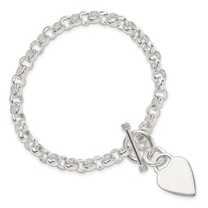 Sterling Silver Engravable Heart Disc on Fancy Link Toggle Bracelet