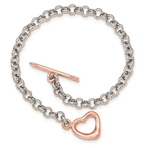 Sterling Silver Rose-tone Rolo with Heart Bracelet