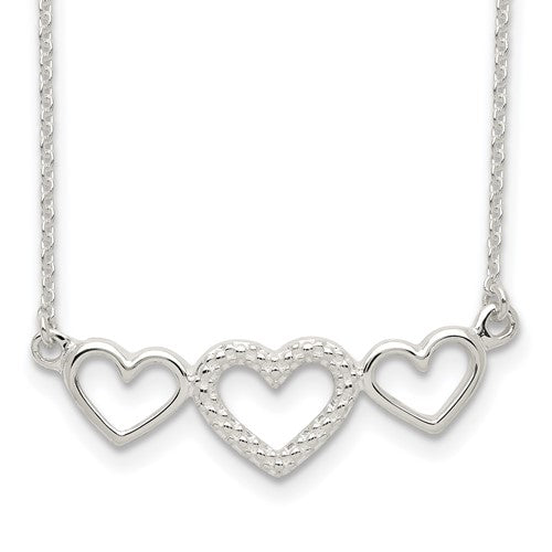 Sterling Silver Polished/Textured 3 Heart Necklace