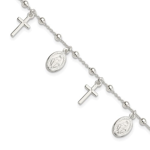Sterling Silver Cross Miraculous Medal Bracelet