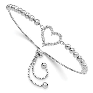 Sterling Silver & Cubic Zirconia Beaded Adjustable Heart Bracelet