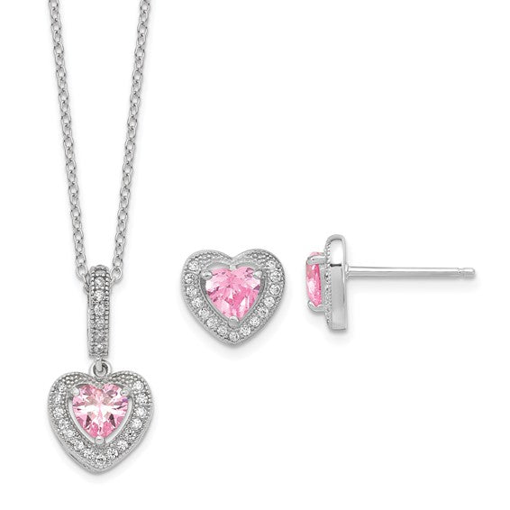Sterling Silver White/Pink Cubic Zirconia Heart Necklace/Earring Set