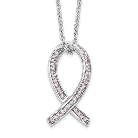 Sterling Silver Micro Pavé Cubic Zirconia Awareness Ribbon Necklace