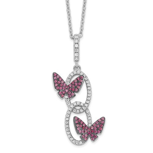 Sterling Silver & Clear/Red Cubic Zirconia Oval and Butterfly Necklace