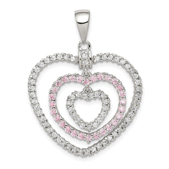 Sterling Silver Polished Pink/White Cubic Zirconia Hearts Pendant
