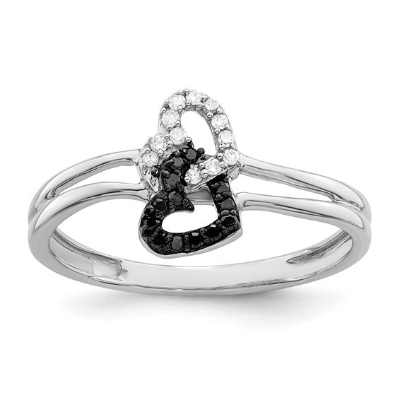 Sterling Silver Black & White Diamond Interlocked Hearts Ring
