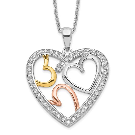 Sterling Silver Rose and Gold-plated Cubic Zirconia 'The Bond of Love' Heart Necklace