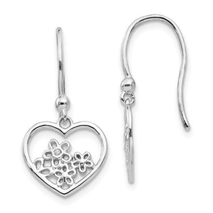 Sterling Silver Heart Shaped with Flower Shepherd Hook Earrings