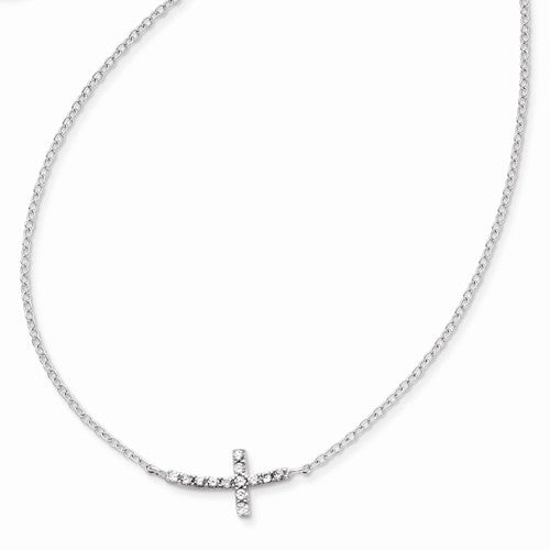 Sterling Silver Cubic Zirconia Sideways Cross With 2" Ext Necklace