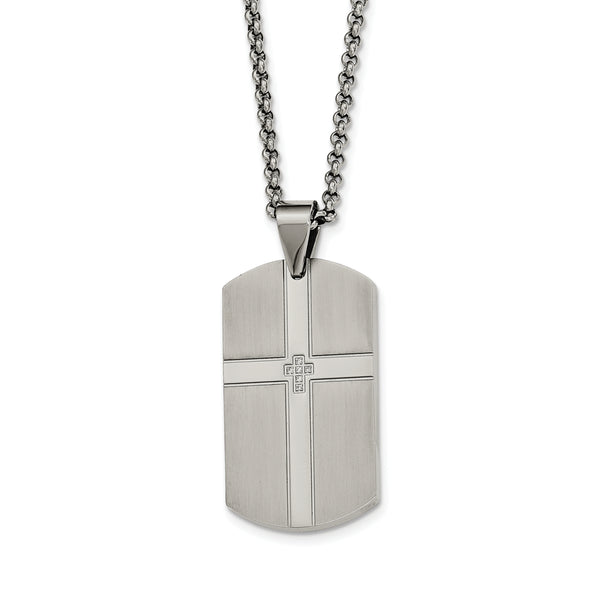 Stainless Steel CZ Cross Dog Tag Necklace