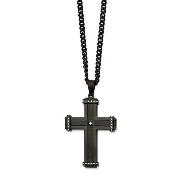 Black I-Plated With CZ Cross Pendant