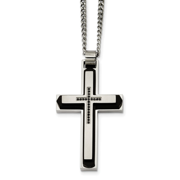 Stainless Steel Black Plated And Black Diamonds Cross Necklace